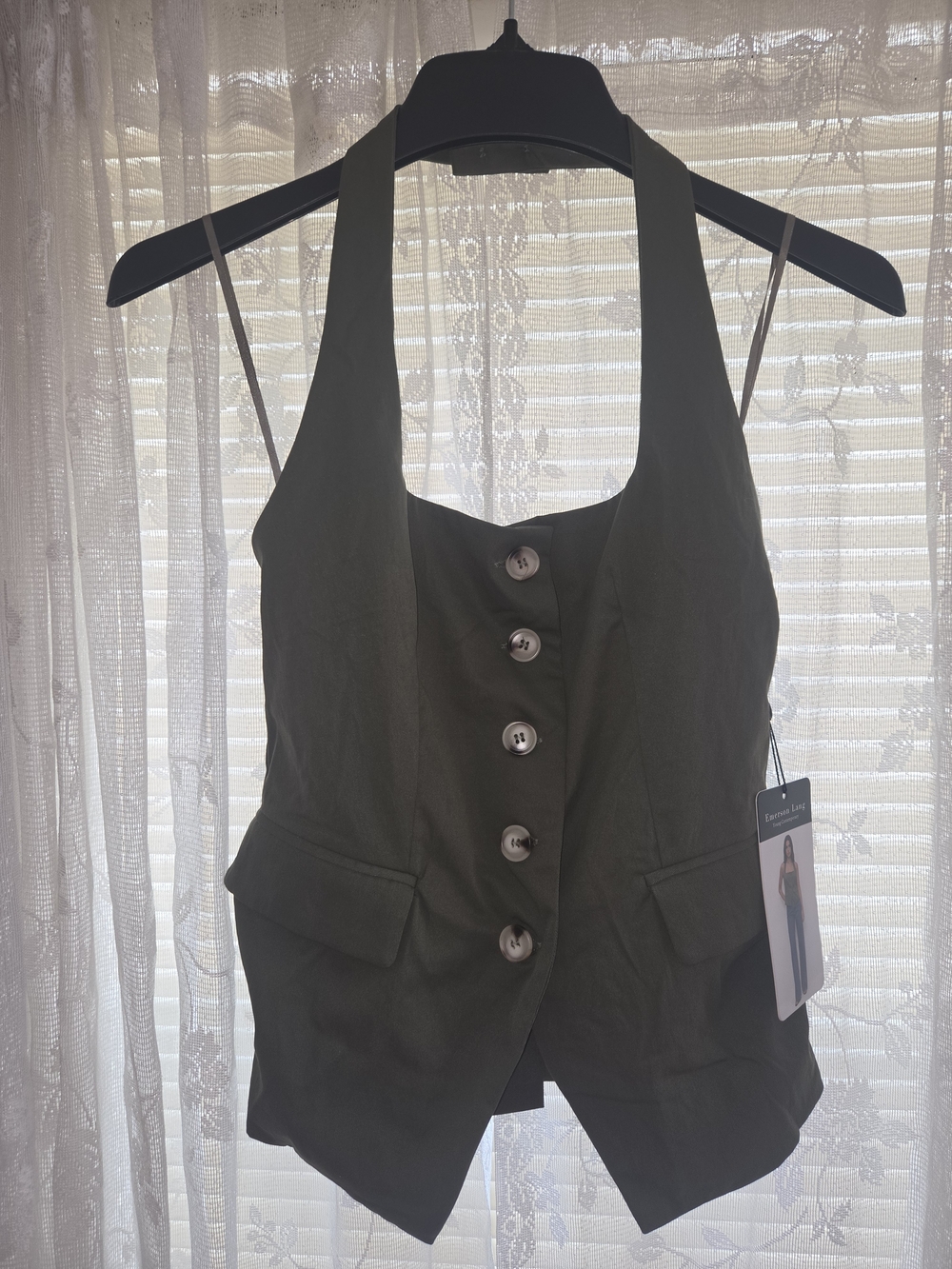 Sleeveless Olive Green Halter Button Vest